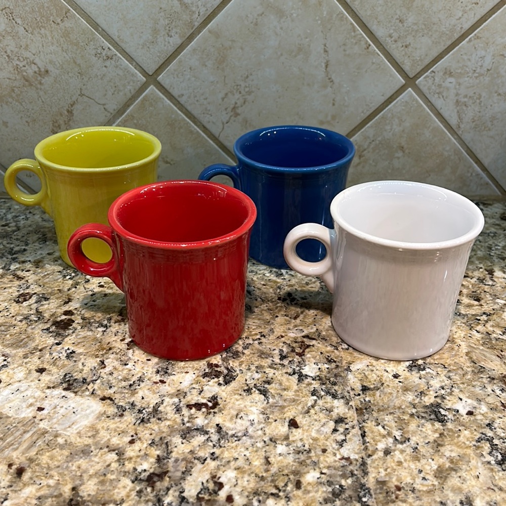 Fiestaware Coffee Mugs. Red, White, Blue And Yellow. Excellent Condition. 10 Oz.
